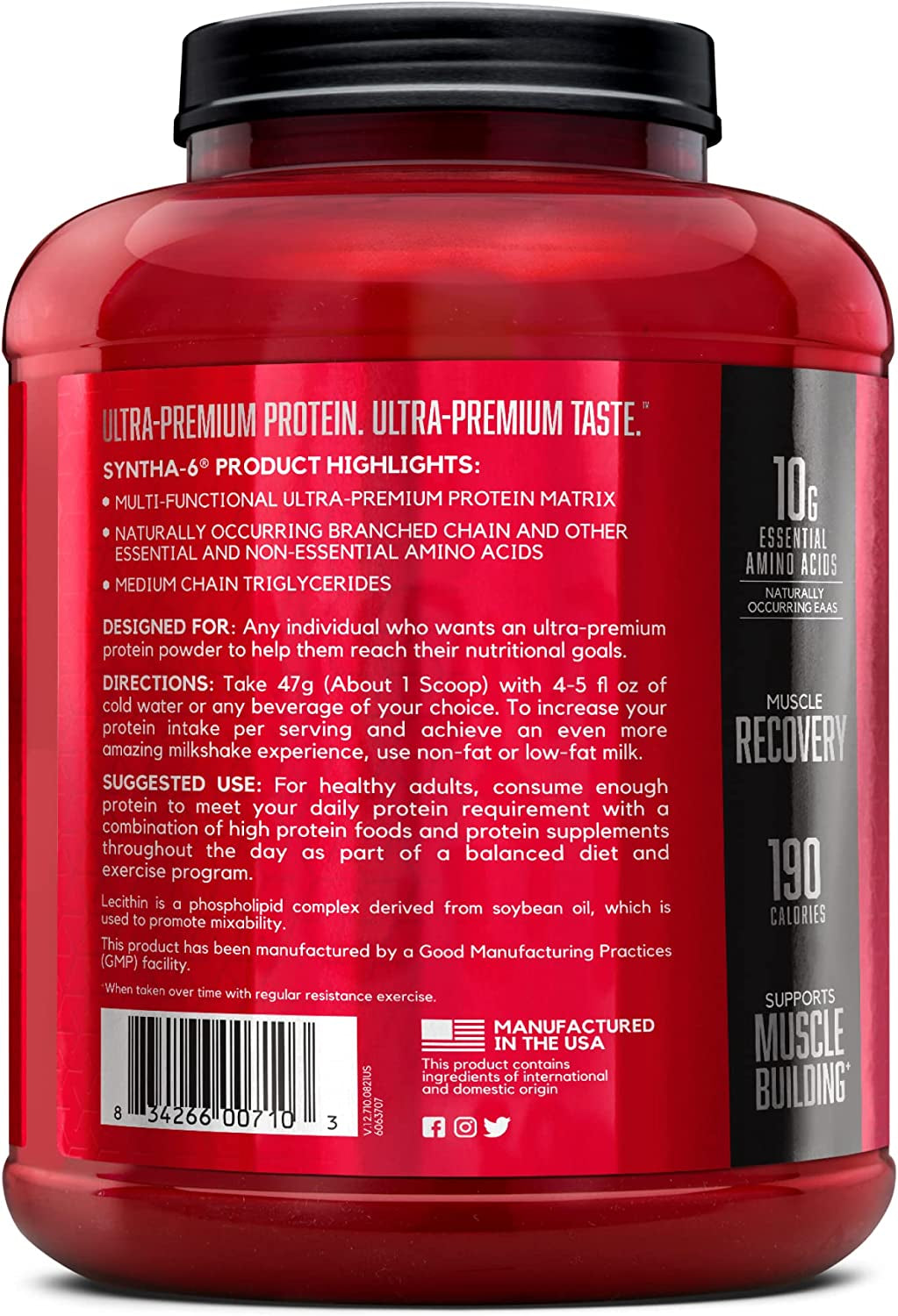 SYNTHA-6 Premium Protein Powder, 6G Fiber, Whey Isolate, 48 Servings | Multi-Source Protein Blend with Whey Isolate, Micellar Casein and Milk Protein Isolate, Fiber and Healthy Fats