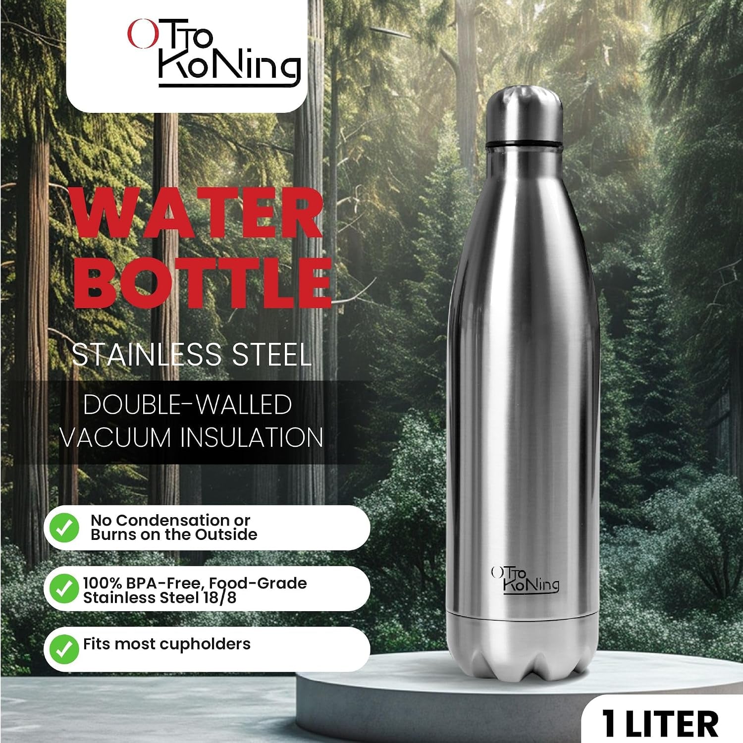 1L Stainless Steel Water Bottle – Vacuum Insulated, Leak-Proof & BPA-Free | 18/8 Steel, Hot 12H & Cold 24H | Gym, Hiking, Cycling & Office