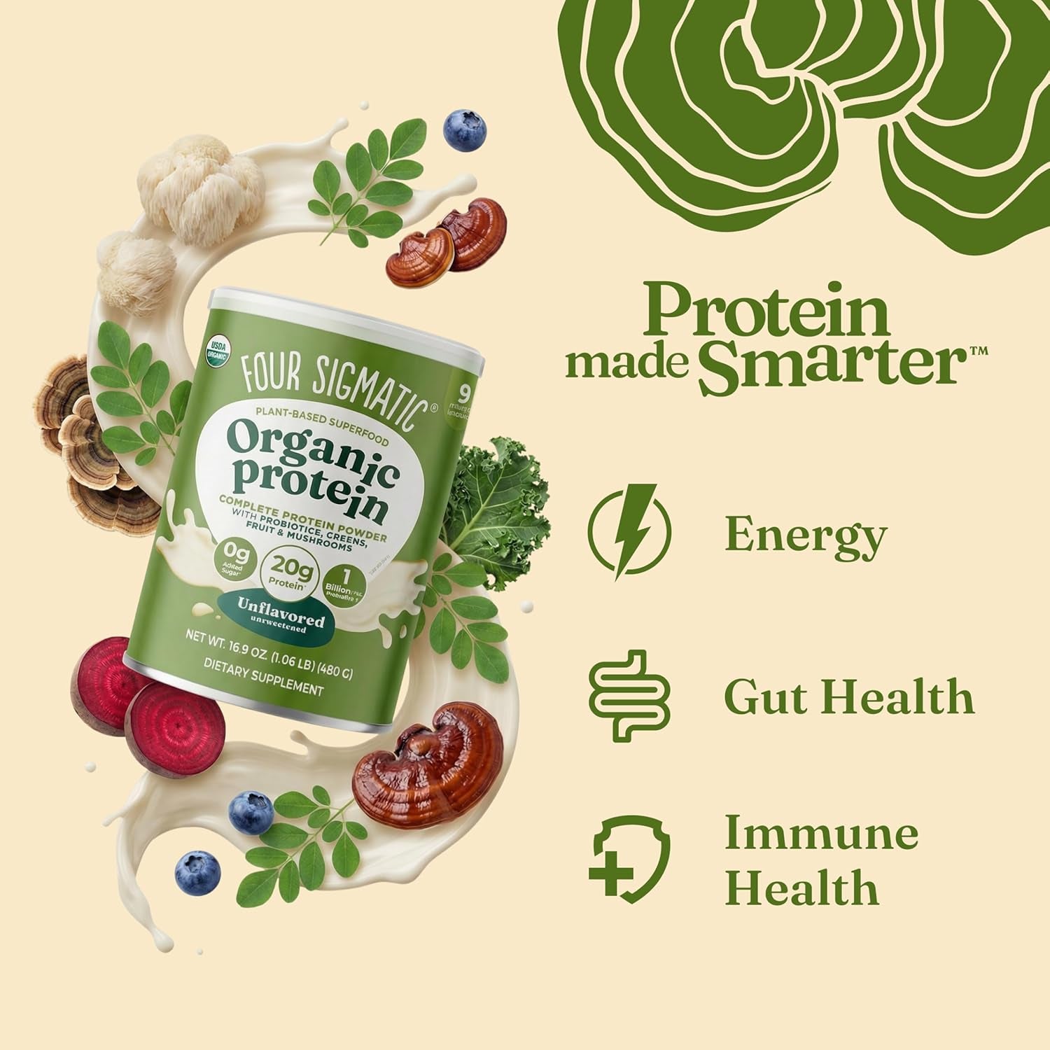 Organic Plant-Based Protein Powder | Clean Vegan Protein Elevated with Lion’S Mane, Chaga, Cordyceps and More for Brain Function and Immune Support | Unflavored, 16.9 Oz