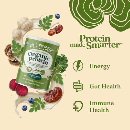 Organic Plant-Based Protein Powder | Clean Vegan Protein Elevated with Lion’S Mane, Chaga, Cordyceps and More for Brain Function and Immune Support | Unflavored, 16.9 Oz