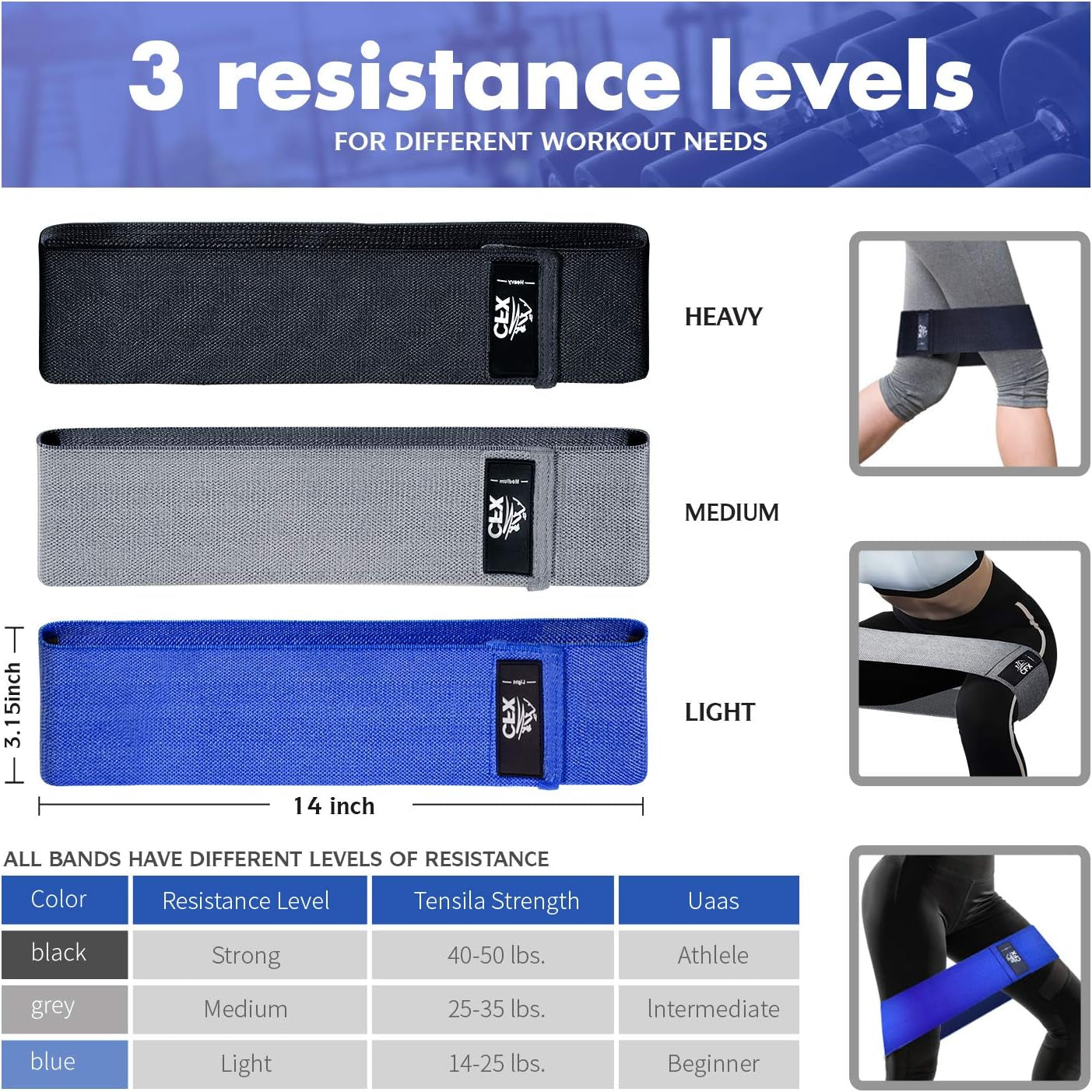 3-Piece Resistance Bands Set for Men & Women – Non-Slip Booty Bands with 3 Resistance Levels for Glutes, Hips, Legs, Yoga, Pilates & Home Fitness
