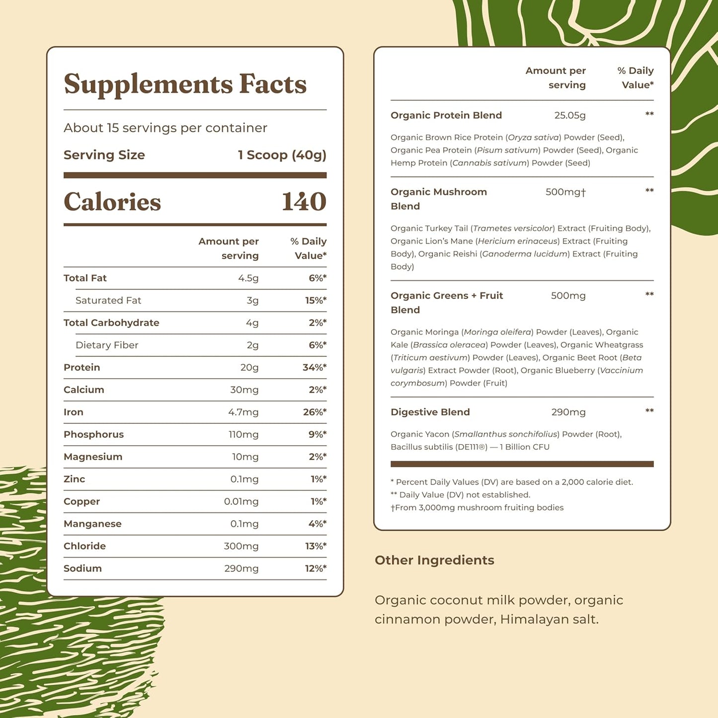 Organic Plant-Based Protein Powder | Clean Vegan Protein Elevated with Lion’S Mane, Chaga, Cordyceps and More for Brain Function and Immune Support | Unflavored, 16.9 Oz