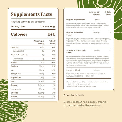 Organic Plant-Based Protein Powder | Clean Vegan Protein Elevated with Lion’S Mane, Chaga, Cordyceps and More for Brain Function and Immune Support | Unflavored, 16.9 Oz
