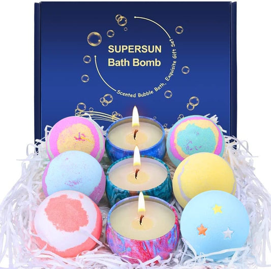 Bath Bomb & Scented Candle Gift Set for Women – 6 Bath Bombs & 3 Candles | Home Spa Pamper Hamper for Her, Mum, Wife, Girlfriend & Friends | Birthday, Christmas & Valentine’s Gift
