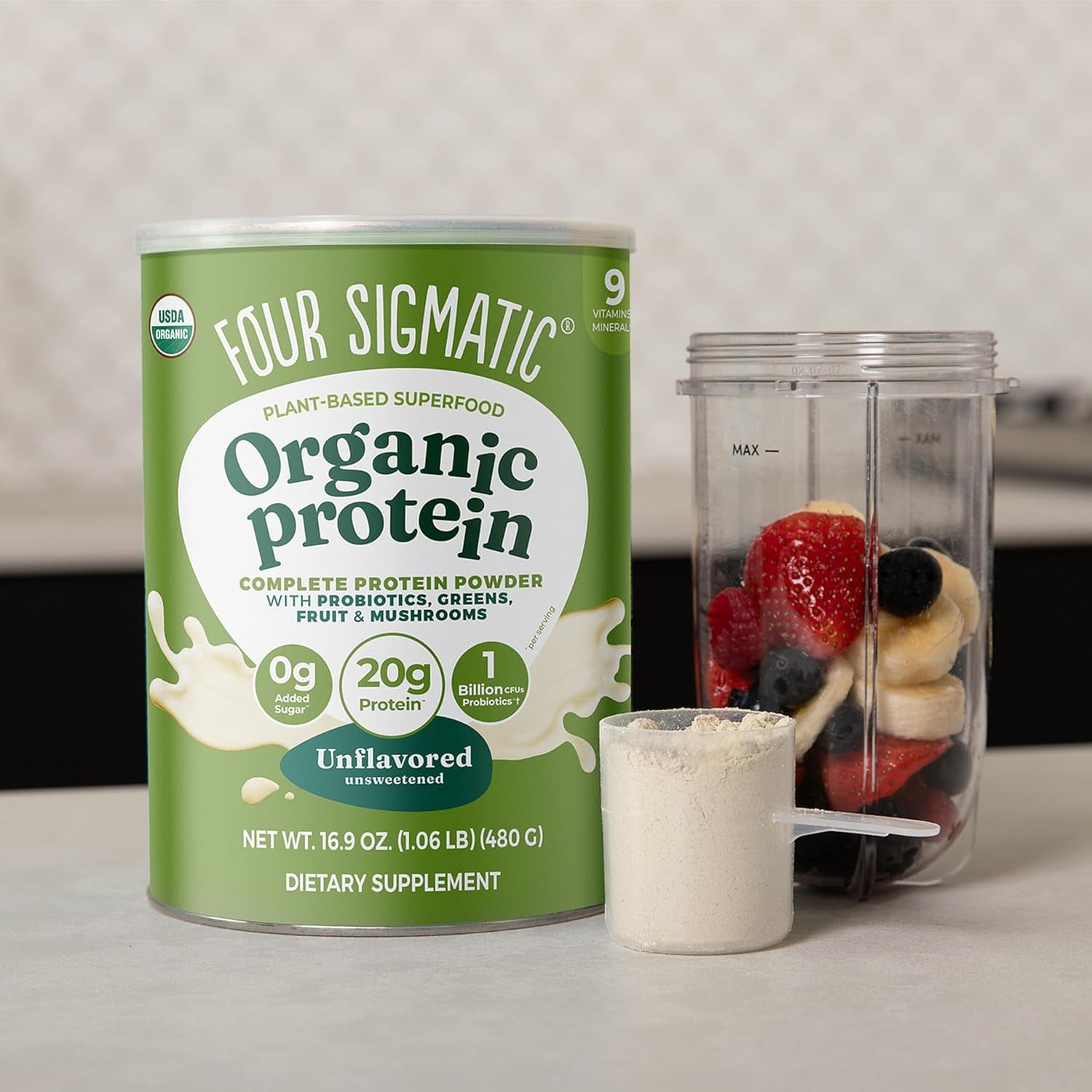 Organic Plant-Based Protein Powder | Clean Vegan Protein Elevated with Lion’S Mane, Chaga, Cordyceps and More for Brain Function and Immune Support | Unflavored, 16.9 Oz