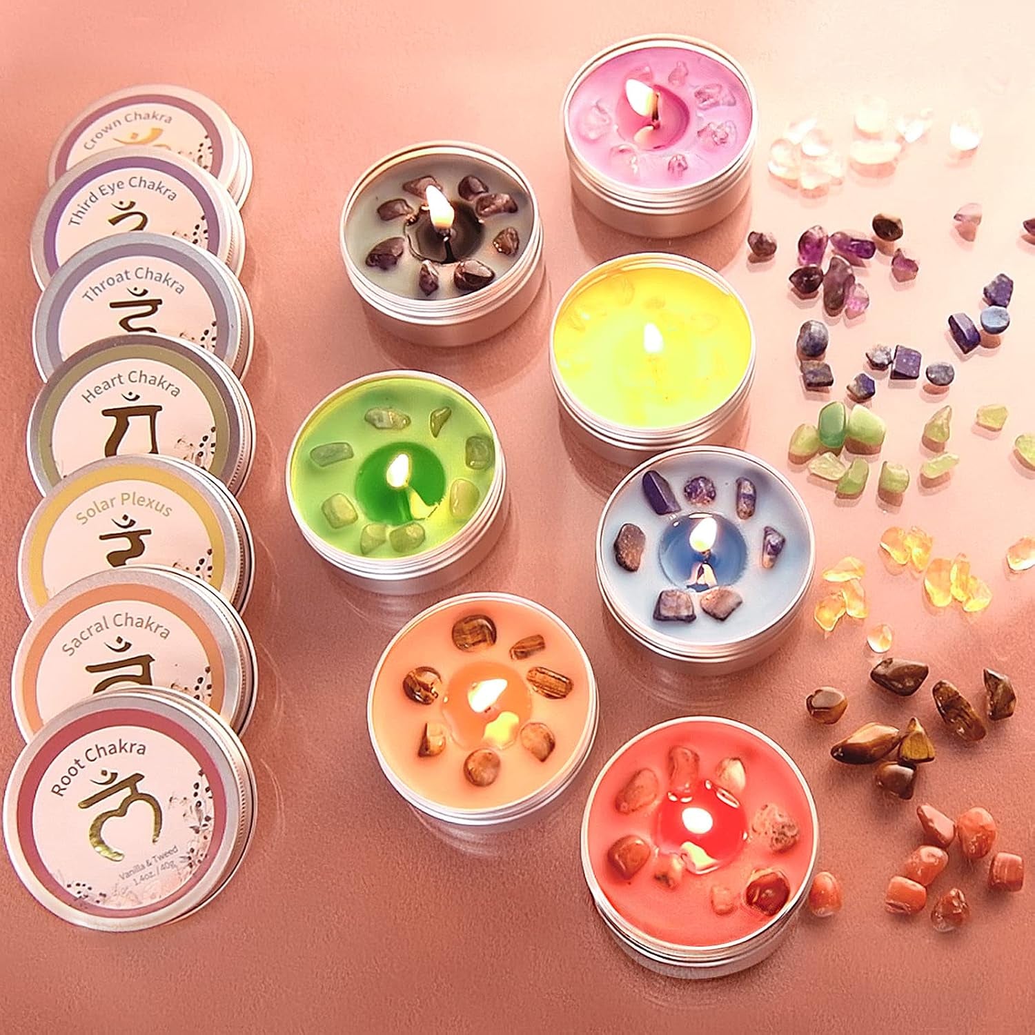7 Chakra Crystal Scented Candle Gift Set for Women – Meditation & Yoga Candles with Crystals | Spiritual Décor for Relaxation, Mindfulness, Manifestation & Cleansing | Birthday Gift for Her