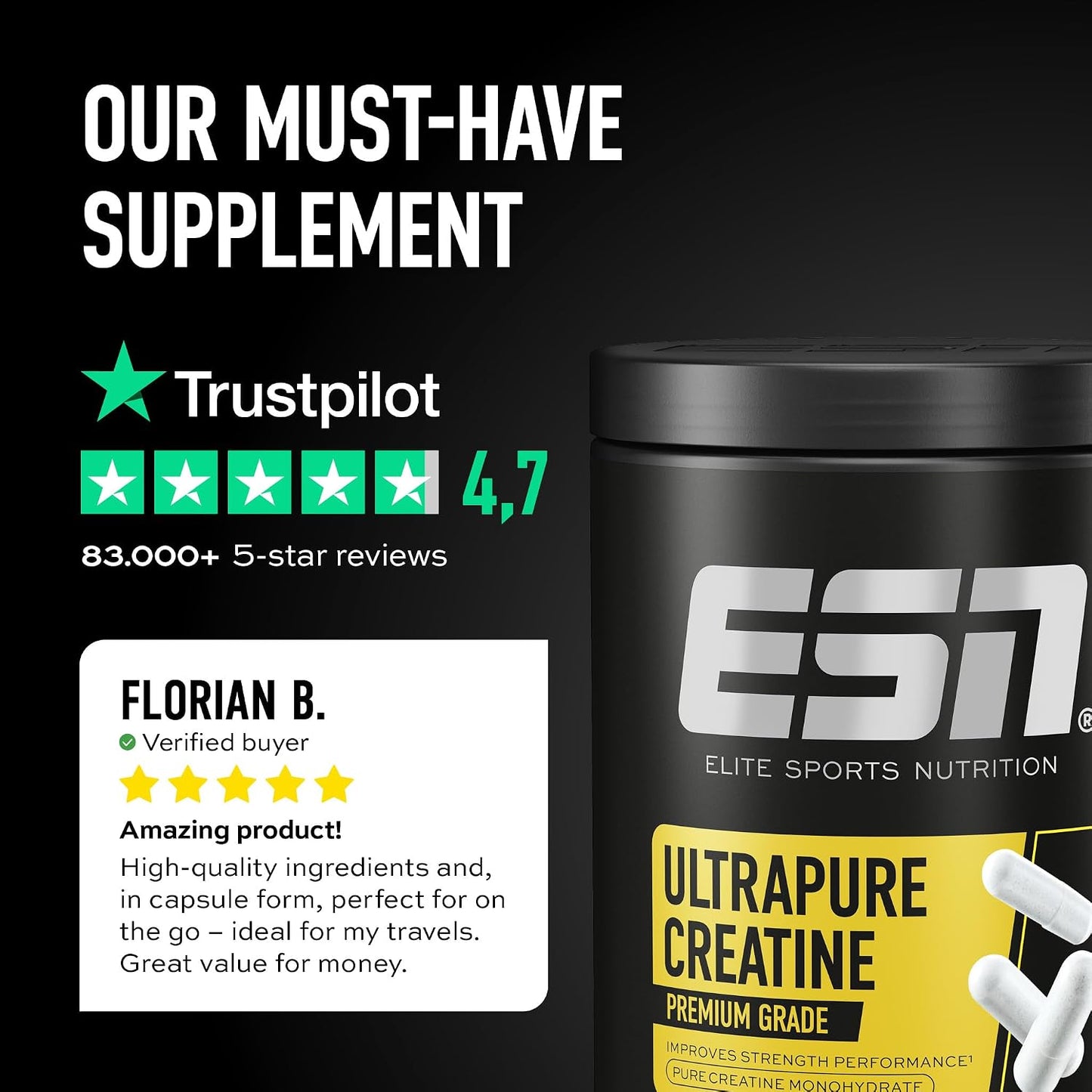 Creatine Giga Caps, 300 Capsules, 0.77 Lbs, 100 Servings | Creatine Monohydrate - Vegan - Made in Germany, Laboratory Tested