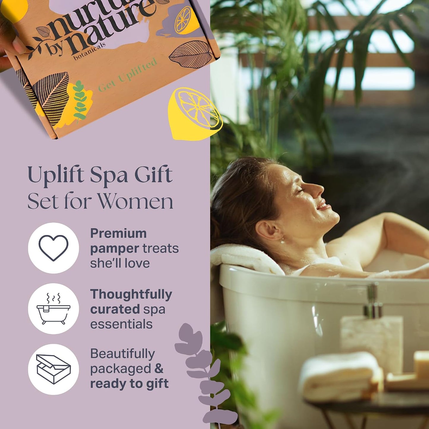 Nurture by Nature Pamper Gift Set for Women – 6-Piece Vegan Spa Hamper | Soy Candle, Bath Salts, Bath Bomb, Body Scrub, Hand Cream & Soap | Lemongrass, Ginger & Eucalyptus