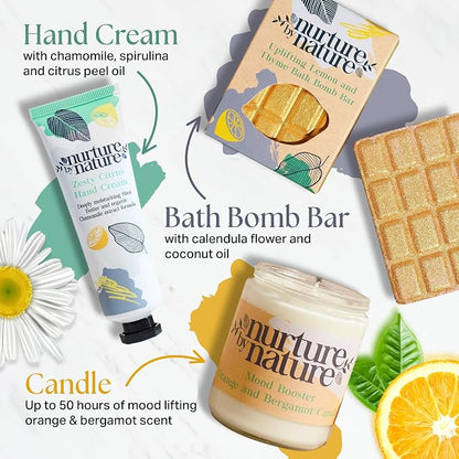 Nurture by Nature Pamper Gift Set for Women – 6-Piece Vegan Spa Hamper | Soy Candle, Bath Salts, Bath Bomb, Body Scrub, Hand Cream & Soap | Lemongrass, Ginger & Eucalyptus
