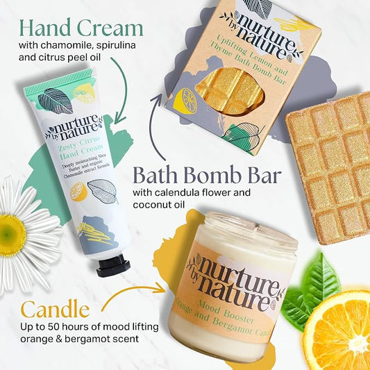 Nurture by Nature Pamper Gift Set for Women – 6-Piece Vegan Spa Hamper | Soy Candle, Bath Salts, Bath Bomb, Body Scrub, Hand Cream & Soap | Lemongrass, Ginger & Eucalyptus