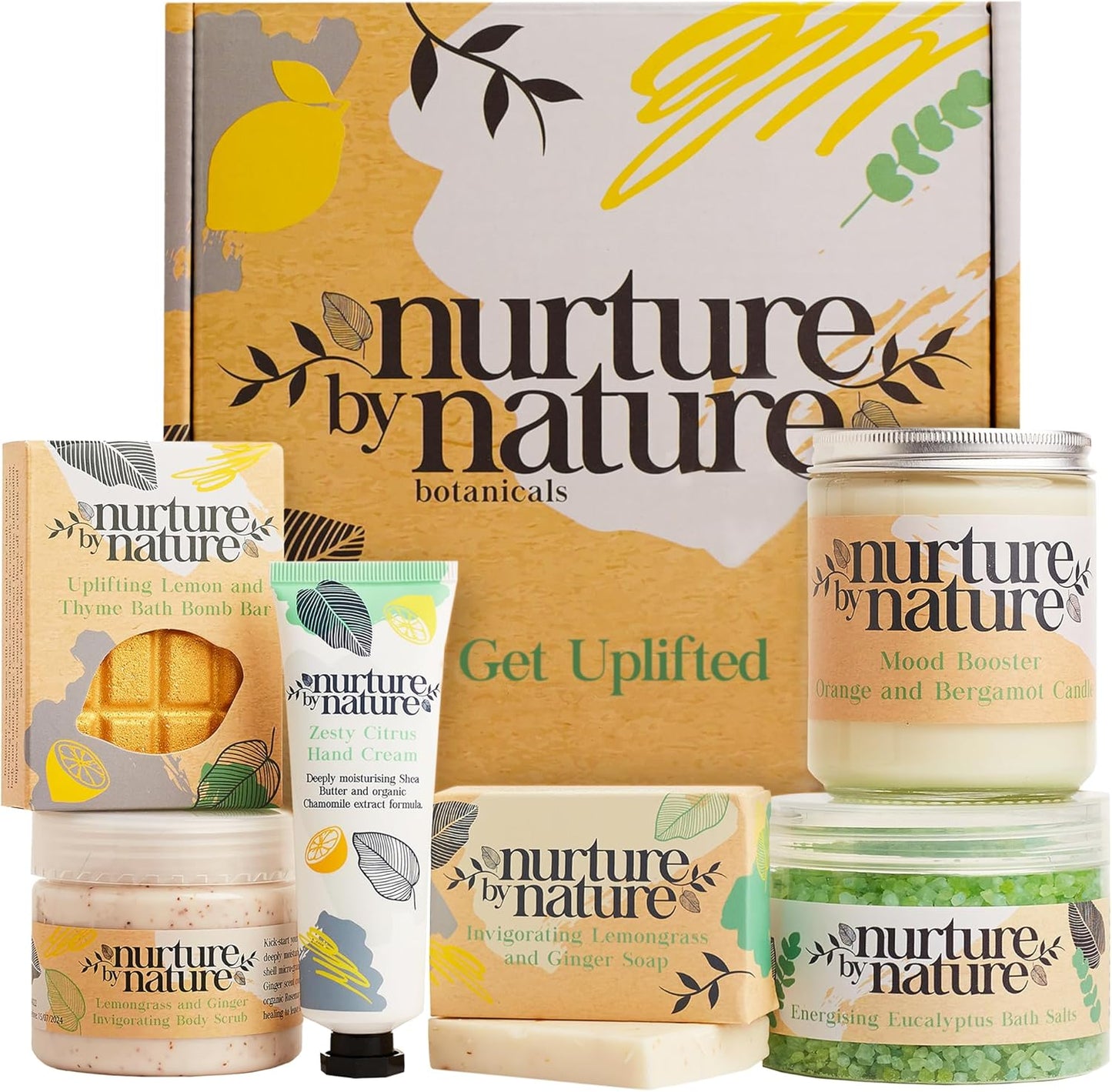 Nurture by Nature Pamper Gift Set for Women – 6-Piece Vegan Spa Hamper | Soy Candle, Bath Salts, Bath Bomb, Body Scrub, Hand Cream & Soap | Lemongrass, Ginger & Eucalyptus