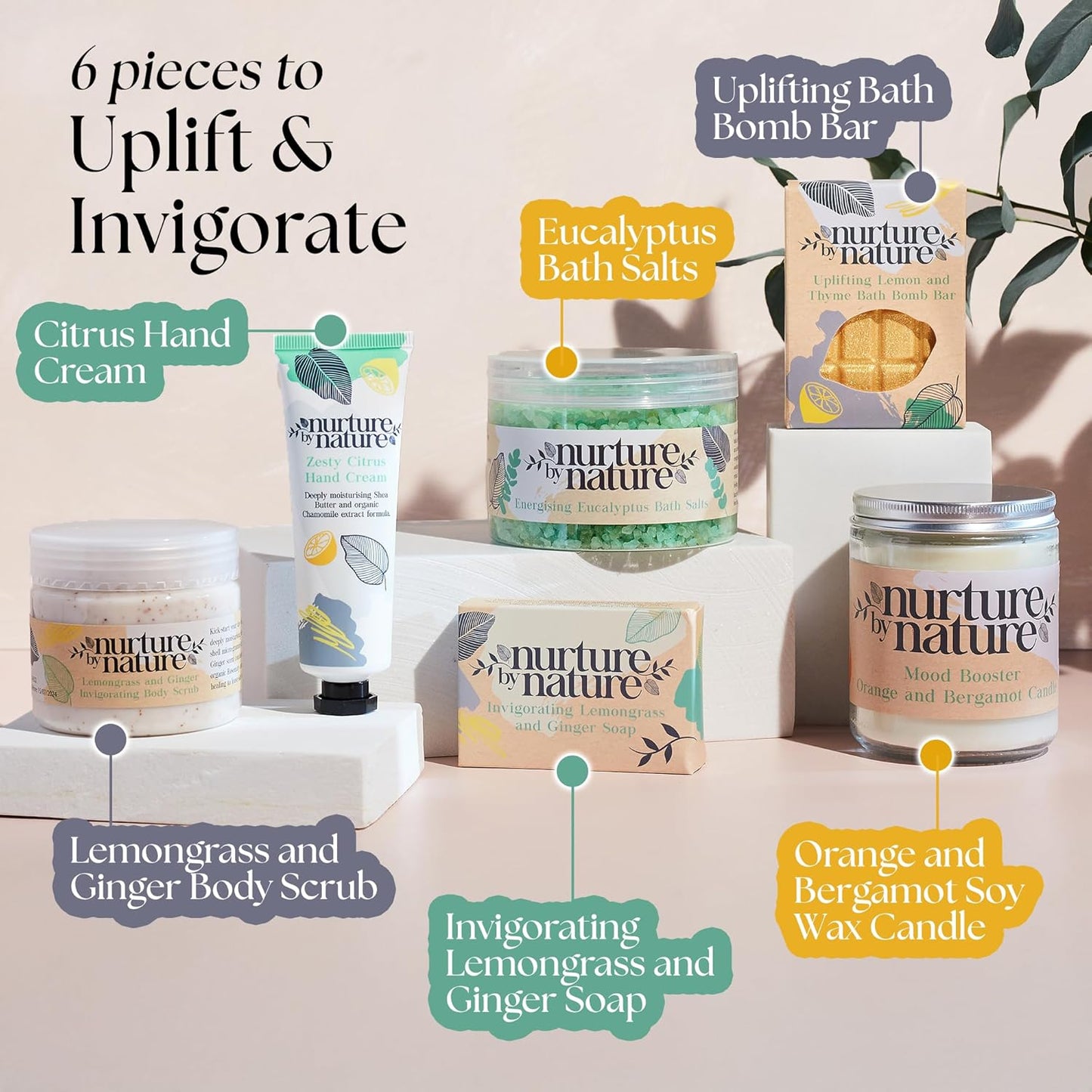 Nurture by Nature Pamper Gift Set for Women – 6-Piece Vegan Spa Hamper | Soy Candle, Bath Salts, Bath Bomb, Body Scrub, Hand Cream & Soap | Lemongrass, Ginger & Eucalyptus
