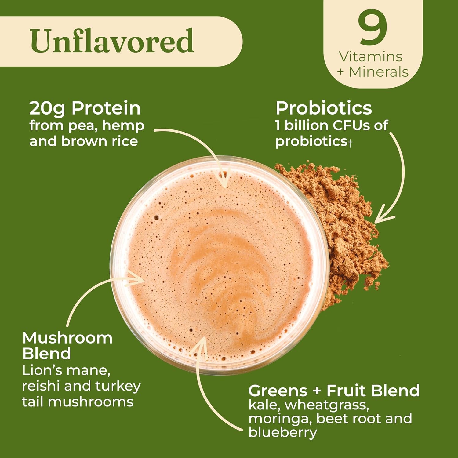 Organic Plant-Based Protein Powder | Clean Vegan Protein Elevated with Lion’S Mane, Chaga, Cordyceps and More for Brain Function and Immune Support | Unflavored, 16.9 Oz