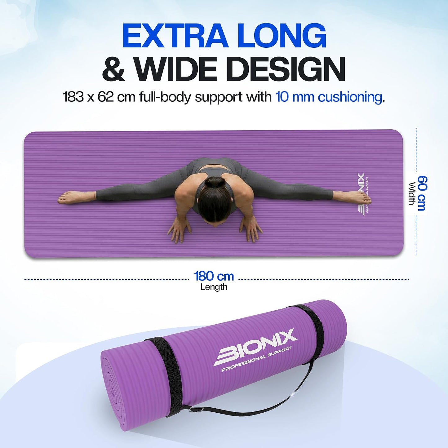 Bionix Thick Yoga Mat – 180 x 60cm Non-Slip Exercise & Fitness Mat for Yoga, Pilates, Gym Workouts & Home Training