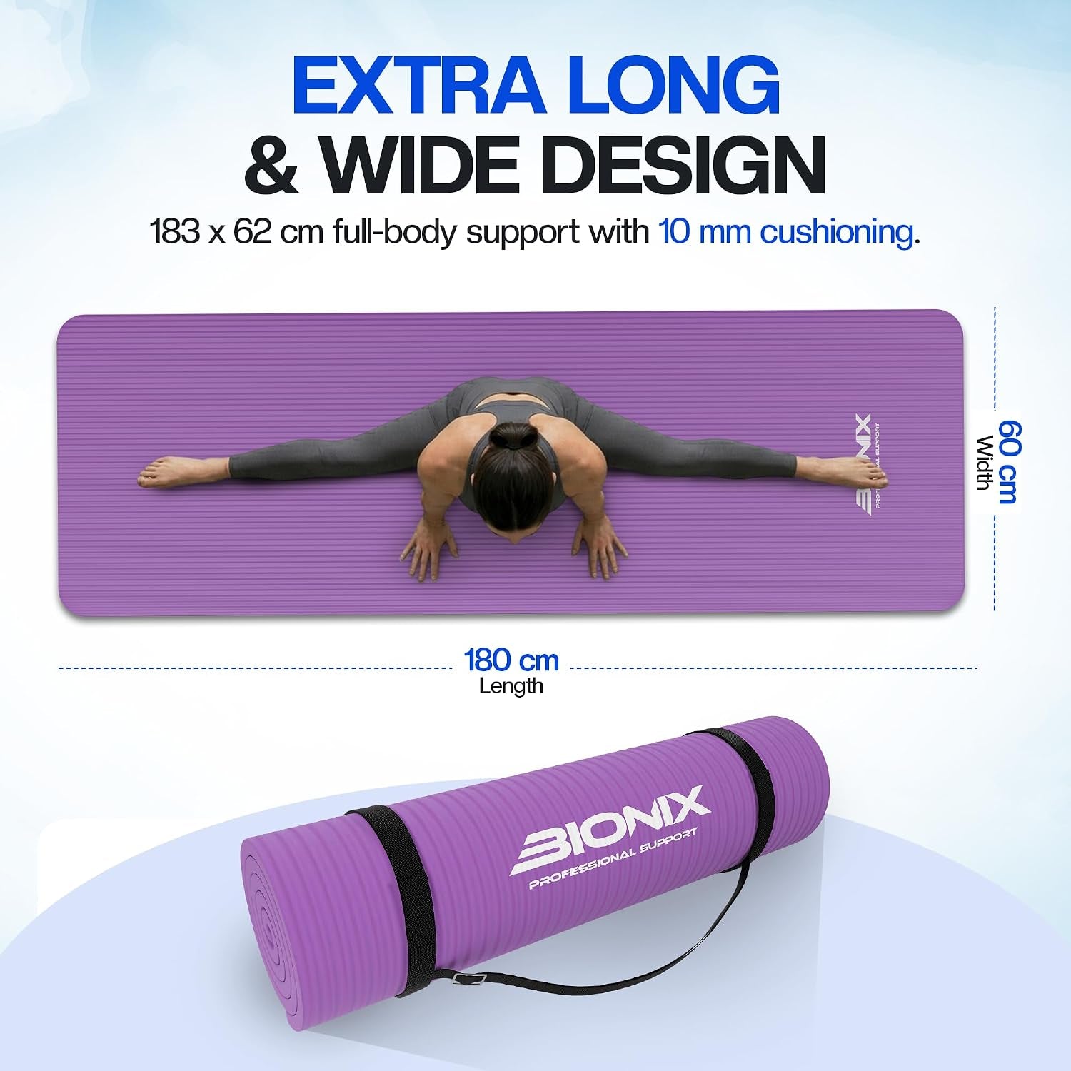Bionix Thick Yoga Mat – 180 x 60cm Non-Slip Exercise & Fitness Mat for Yoga, Pilates, Gym Workouts & Home Training