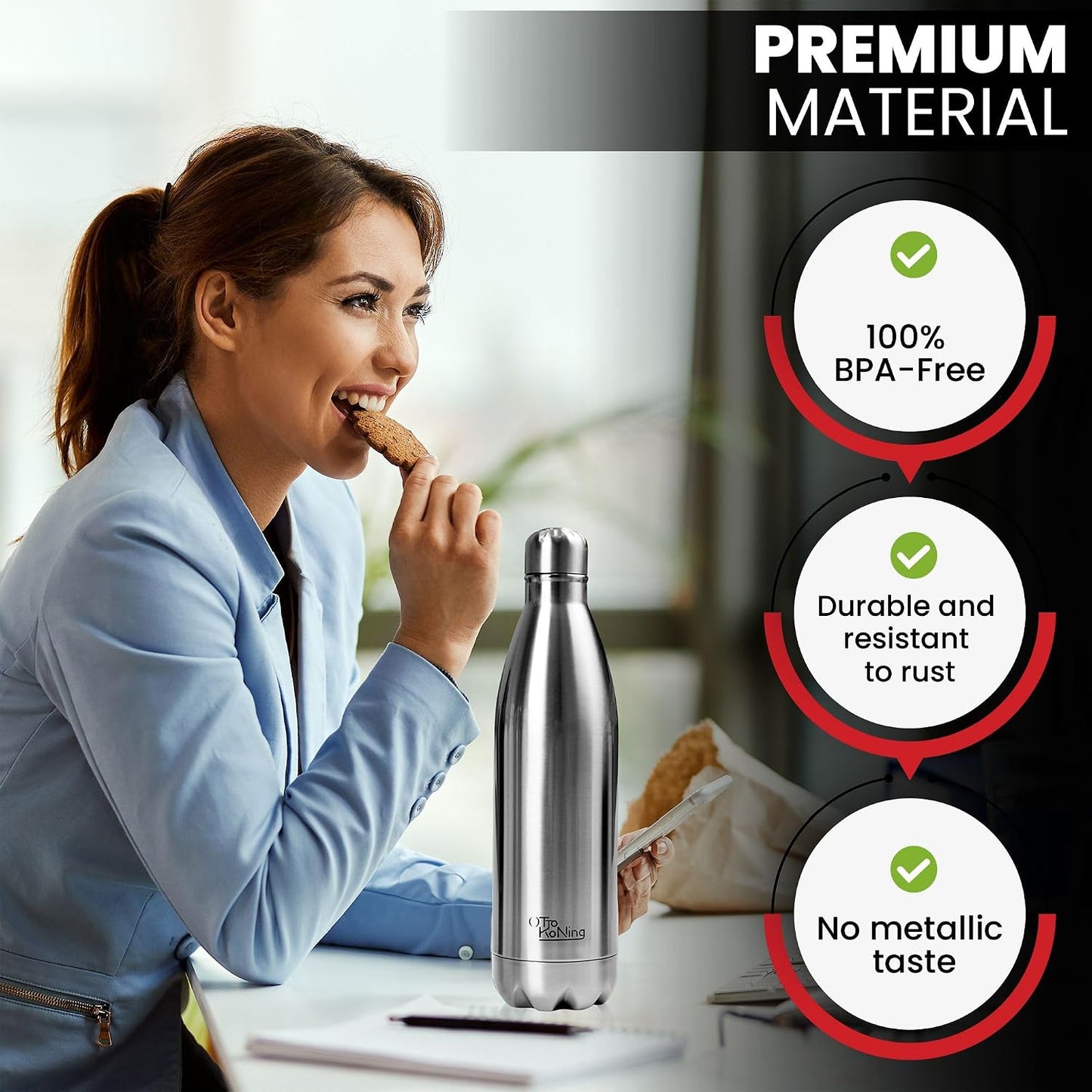 1L Stainless Steel Water Bottle – Vacuum Insulated, Leak-Proof & BPA-Free | 18/8 Steel, Hot 12H & Cold 24H | Gym, Hiking, Cycling & Office