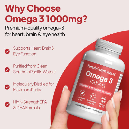 Pure Omega 3 1000Mg | 180 Capsules | 540Mg EPA & 360Mg DHA per Serving | EPA & DHA Support Normal Heart Function | DHA Supports Normal Brain Function and Vision | UK Made