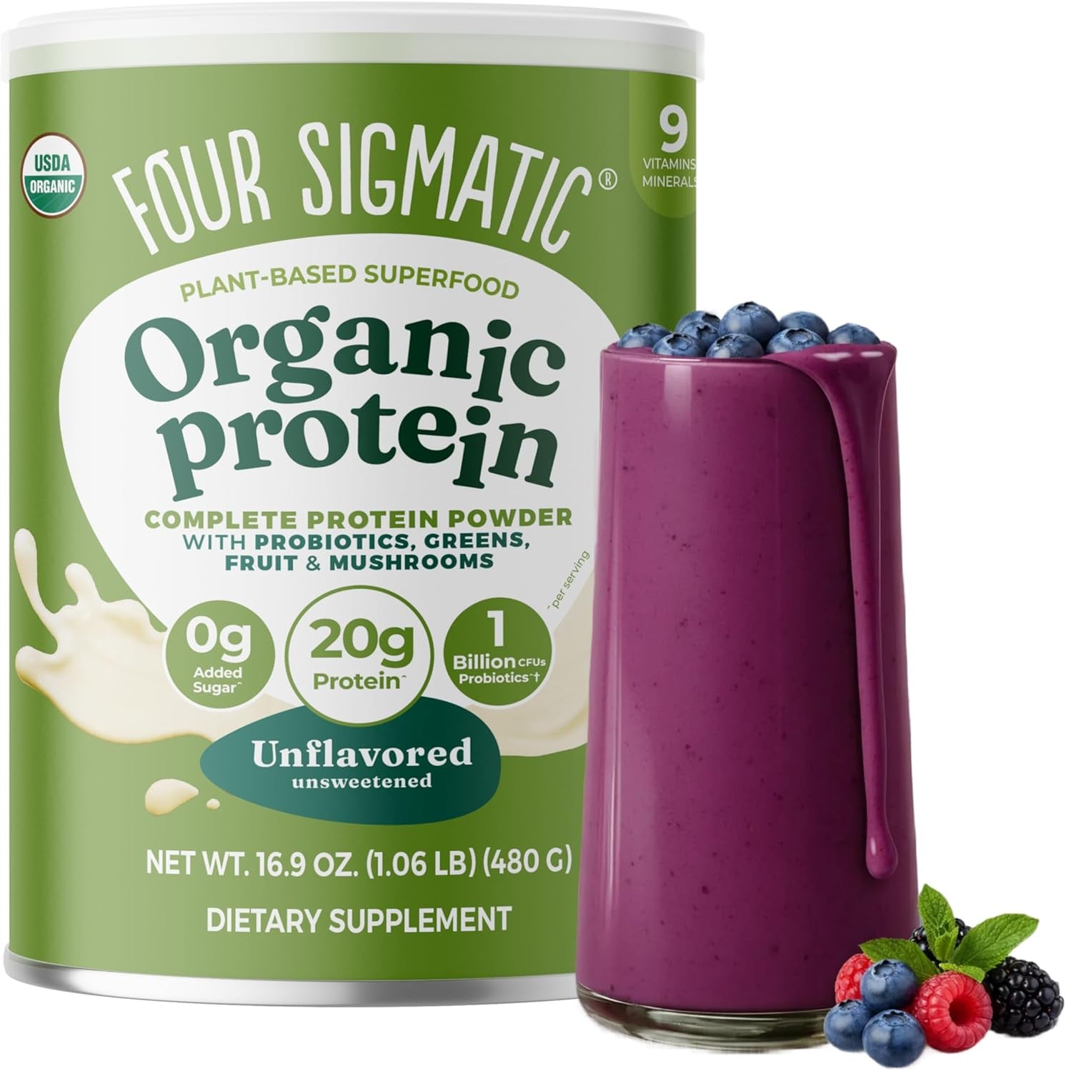 Organic Plant-Based Protein Powder | Clean Vegan Protein Elevated with Lion’S Mane, Chaga, Cordyceps and More for Brain Function and Immune Support | Unflavored, 16.9 Oz