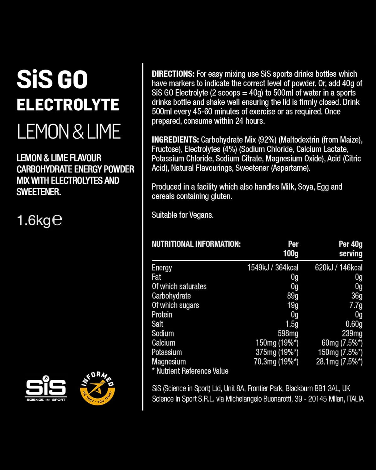 GO Electrolyte Powder, Lemon & Lime, 1.6 Kg | Advanced Electrolyte Formula, 4 Key Electrolytes, Sports Hydration & Fast-Acting Energy, 36G Carbohydrates per Serving